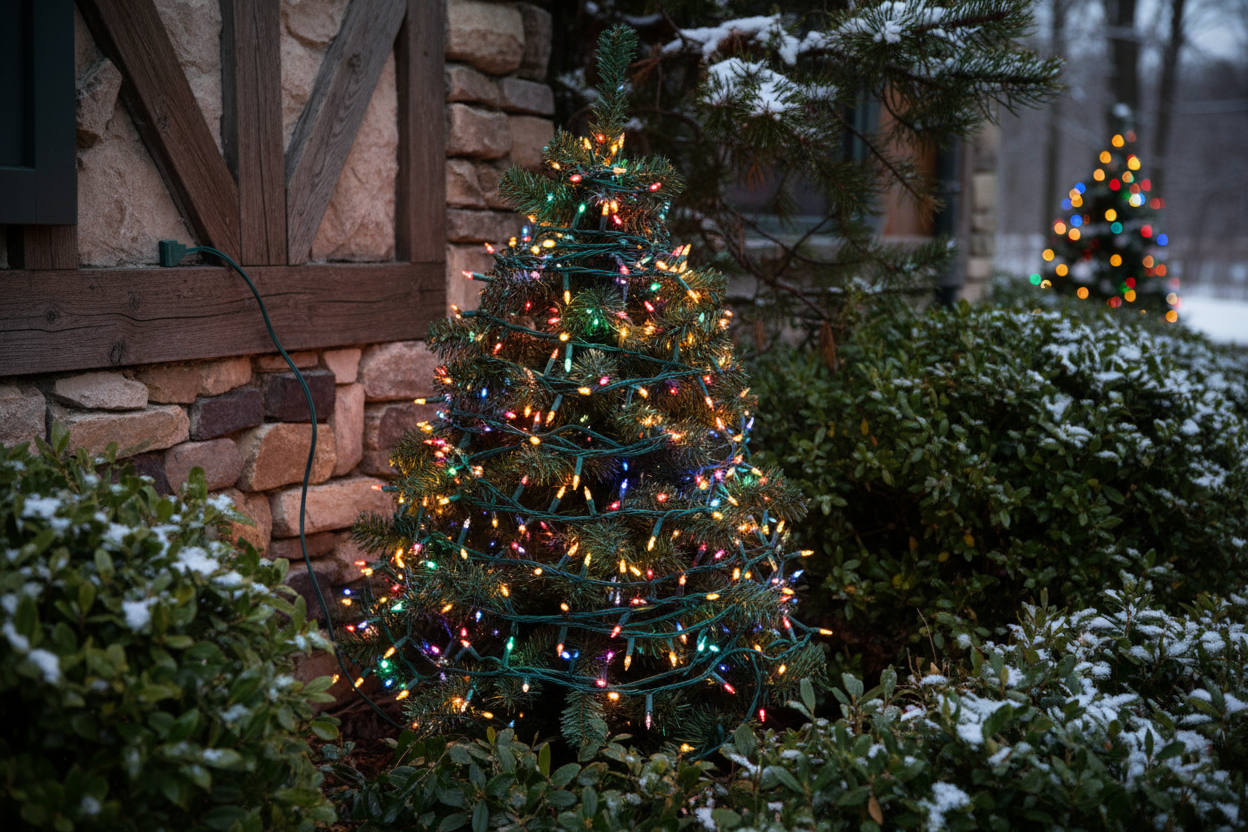 Luzes coloridas envoltas em uma pequena árvore de Natal decorativa, posicionada no canto externo da casa. O cabo verde deve ser discreto, camuflado na folhagem fazendo parte do pisca pisca