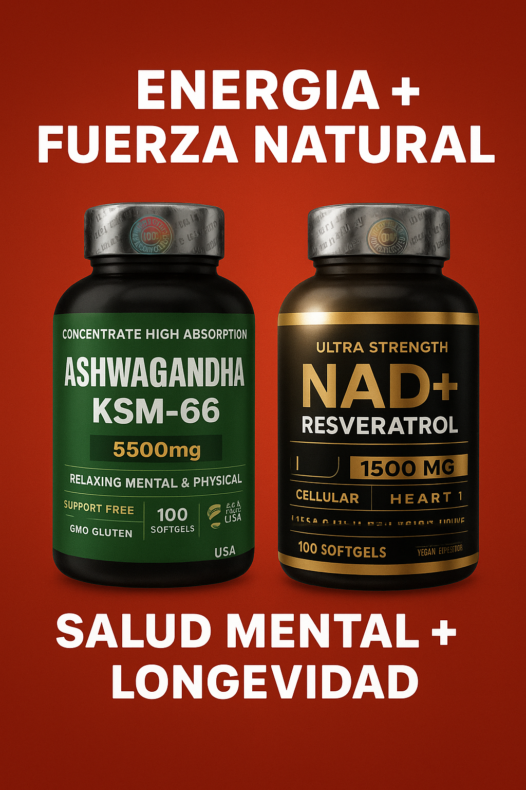 “Recupera tu energía y bienestar: Ashwagandha KSM-66 + NAD+ Resveratrol GRATIS” “Combate el estrés, el cansancio y la falta de concentración todos los días”.