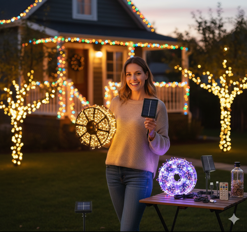 Luces Solares Navideñas de 50m/1000 leds con Control Remoto y panel solar