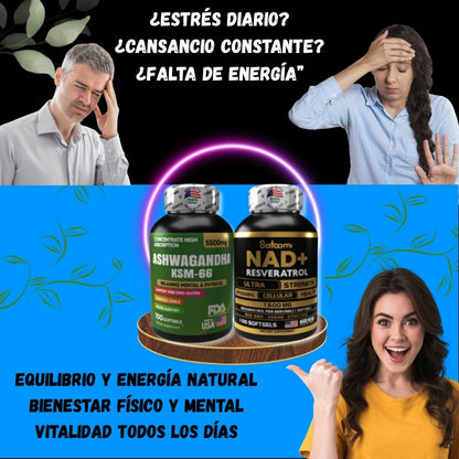 “Recupera tu energía y bienestar: Ashwagandha KSM-66 + NAD+ Resveratrol GRATIS” “Combate el estrés, el cansancio y la falta de concentración todos los días”.