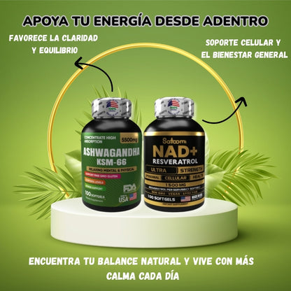 “Recupera tu energía y bienestar: Ashwagandha KSM-66 + NAD+ Resveratrol GRATIS” “Combate el estrés, el cansancio y la falta de concentración todos los días”.