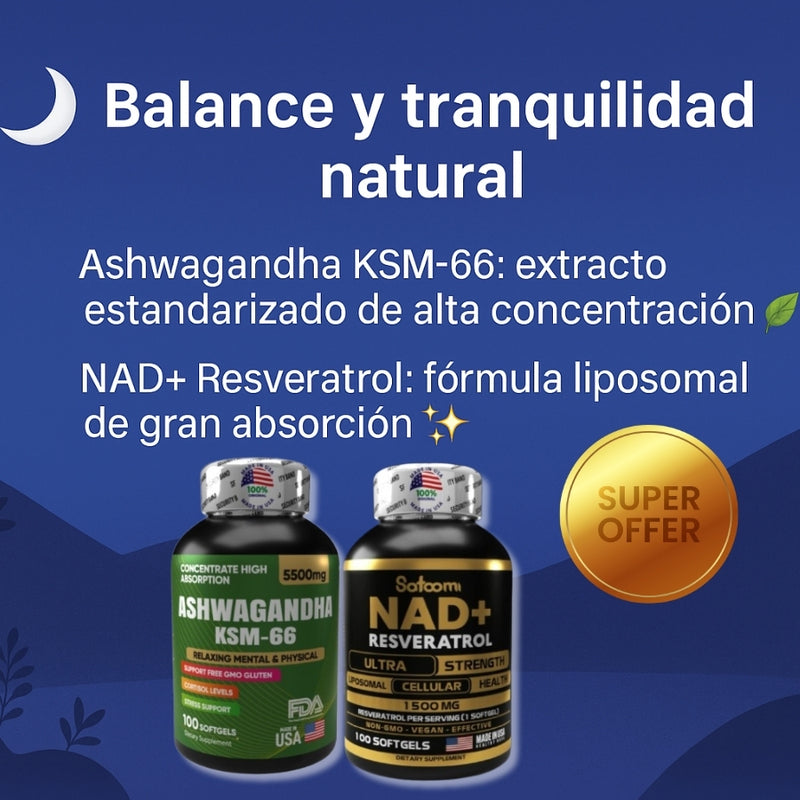 “Recupera tu energía y bienestar: Ashwagandha KSM-66 + NAD+ Resveratrol GRATIS” “Combate el estrés, el cansancio y la falta de concentración todos los días”.