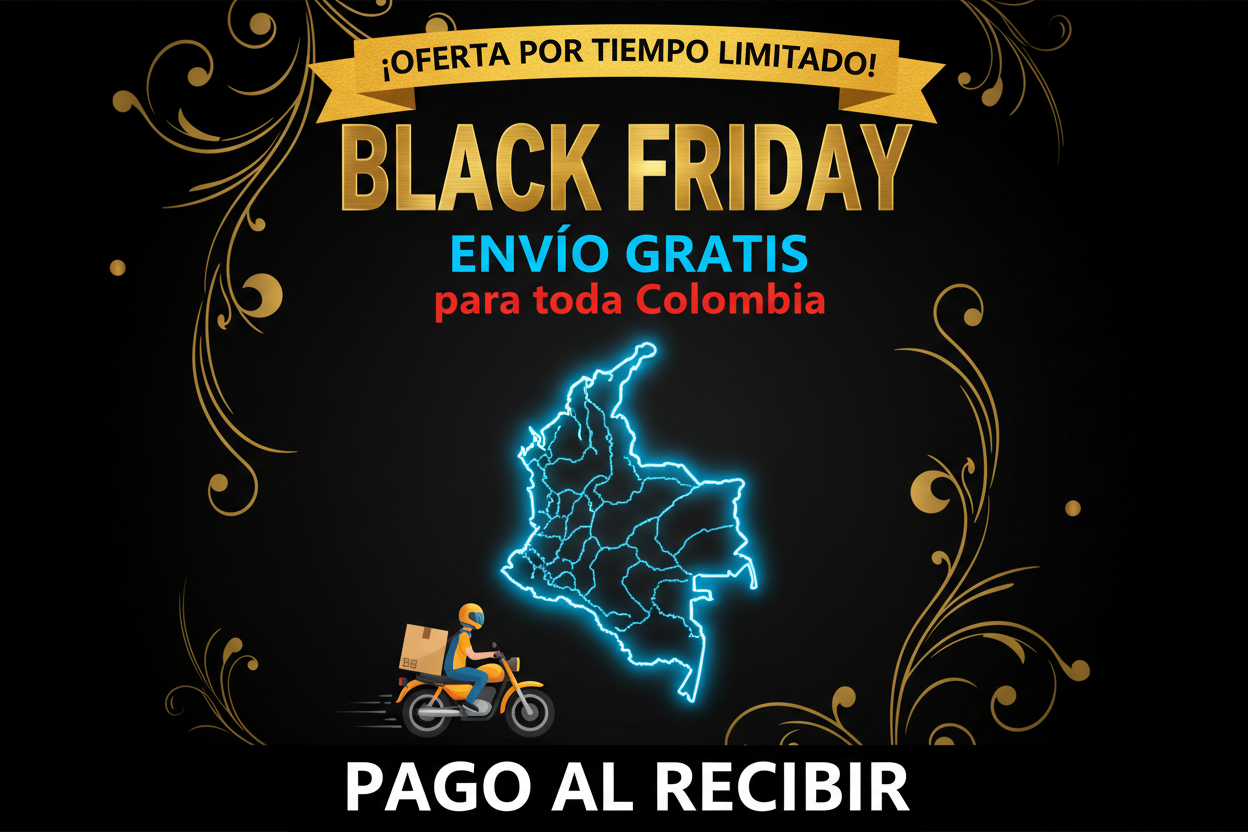 “Crear un banner vertical estilo Black Friday, fondo negro elegante con detalles dorados. Texto grande en dorado: BLACK FRIDAY. Debajo, texto en azul con rojo: ENVÍO GRATIS para toda Colombia. Colocar un mapa brillante de Colombia en neon azul en el centro. Agregar un motorizado de entregas en la parte inferior izquierda, estilo caricatura realista. En la parte inferior, texto blanco grande: PAGO AL RECIBIR. Incluya cinta amarilla arriba con texto: ¡OFERTA POR TIEMPO LIMITADO!. Diseño vertical 1080x1920 par