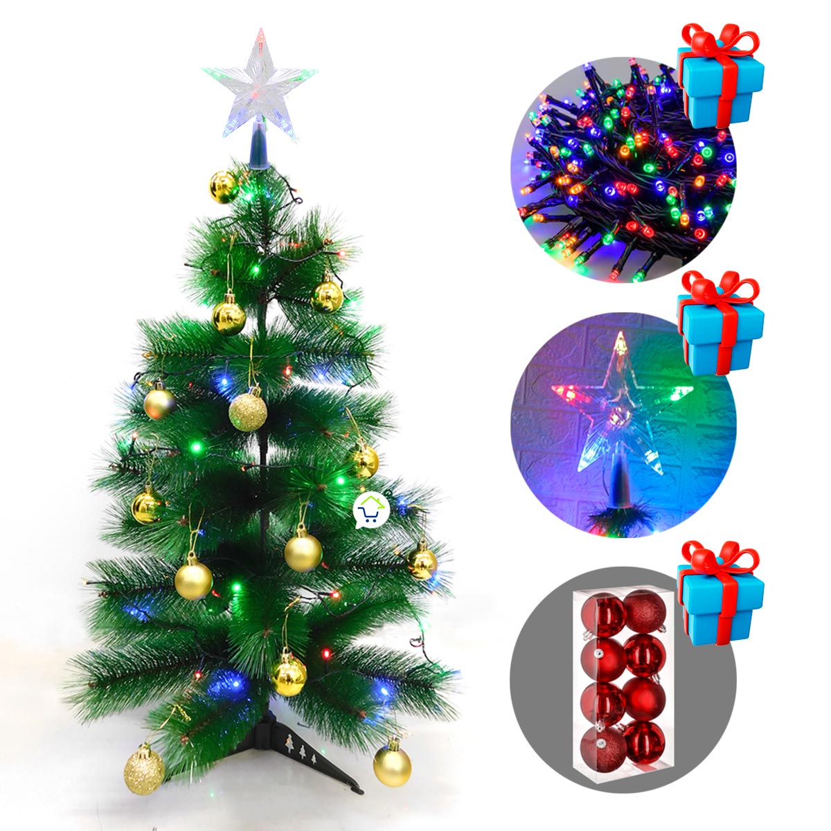 🎄✨ Decora tu hogar con el espíritu navideño: Árbol de Navidad 90 cm con luces, estrella y bolas de regalo incluidas 🎁💫