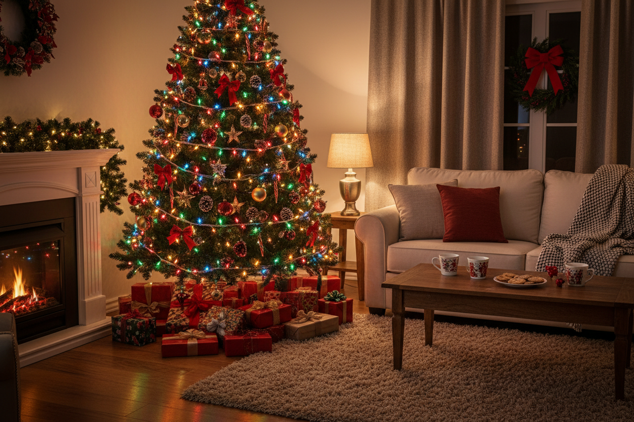 quero pisca pisca coloridos colocado em arvore de natal no canto da sala, quero colocado na parede na parte de fora da varanda, e na entrada do portao, tres fotos diferentes